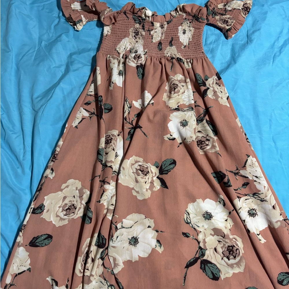 Elegant Floral Maxi Dress in Dusty Pink, Brown and Cream